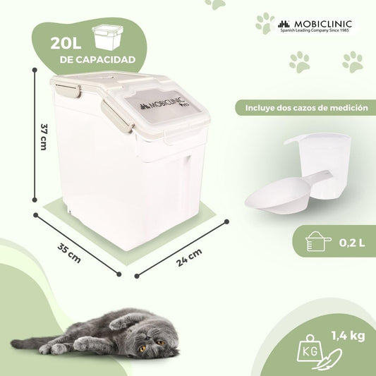 Mobiclinic®, Contenedor pienso, Para mascotas, Feedpet, Capacidad 20L / 8 Kg, Cierre hermético, 23x25, 5x36, 5cm, Incluye pala y vaso medidor, Con ruedas, Ventana transparente, Preservación de frescor
