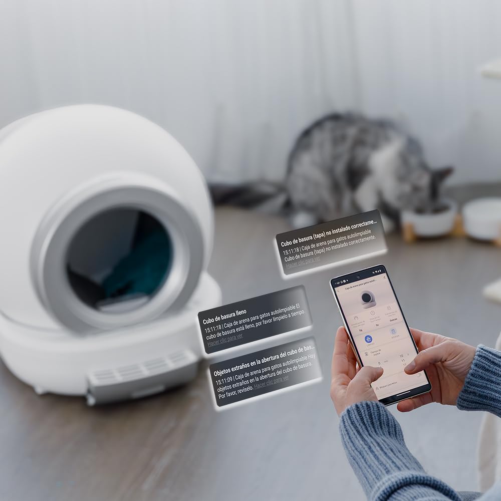 Cecotec Arenero Gatos Autolimpiable Pumba 8500 CleanKitty Smart. Triple Sistema de Desodorización, Control por WiFi y Pantalla, Silencioso y Seguro con Sensor de Infrarrojos, Cubo Interior 65L