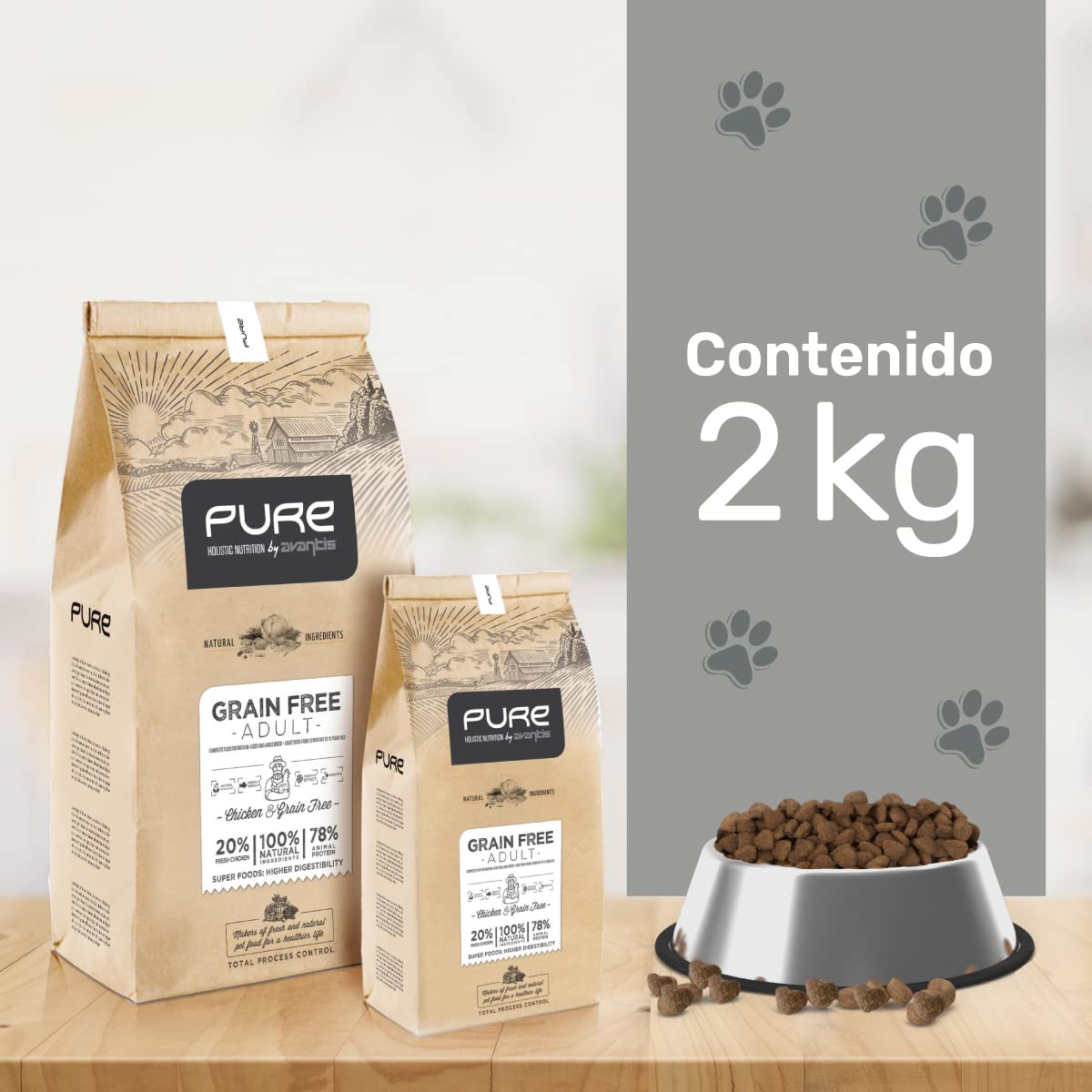 Avantis Pet Pure Grain Free Adult - Pienso para Perros Adultos de Todas Las Razas - 2 kg - Comida 100% Completa y Equilibrada - con Pollo y sin Cereales para Perros con Intolerancia y Alergia