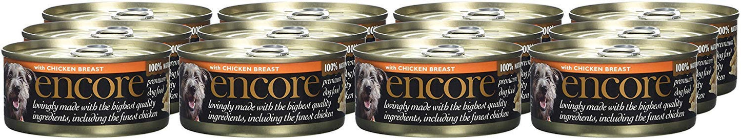 Encore Comida Húmeda Natural Perros, Pechuga de Pollo con Jamón y Verduras en Caldo - Paquete de 12 latas de 156 g