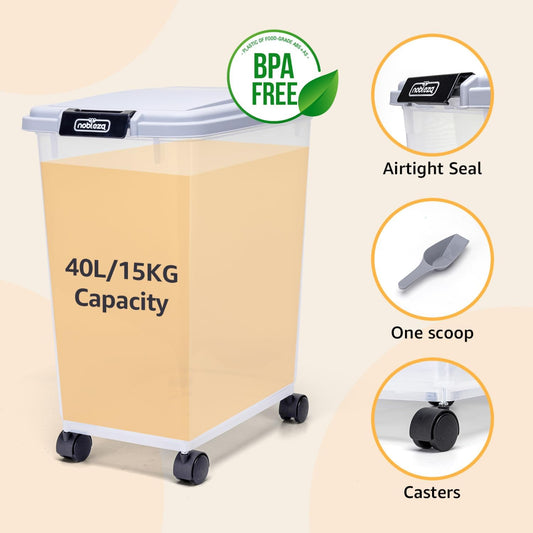 Nobleza - 40L Contenedor de Comida para Mascotas, Mascotas Caja de Alimentos con Ruedas Contenedor, Tapa abatible, hermética, Transparente, Ruedas y Pala, para Comida para Perros y Gatos, Gris
