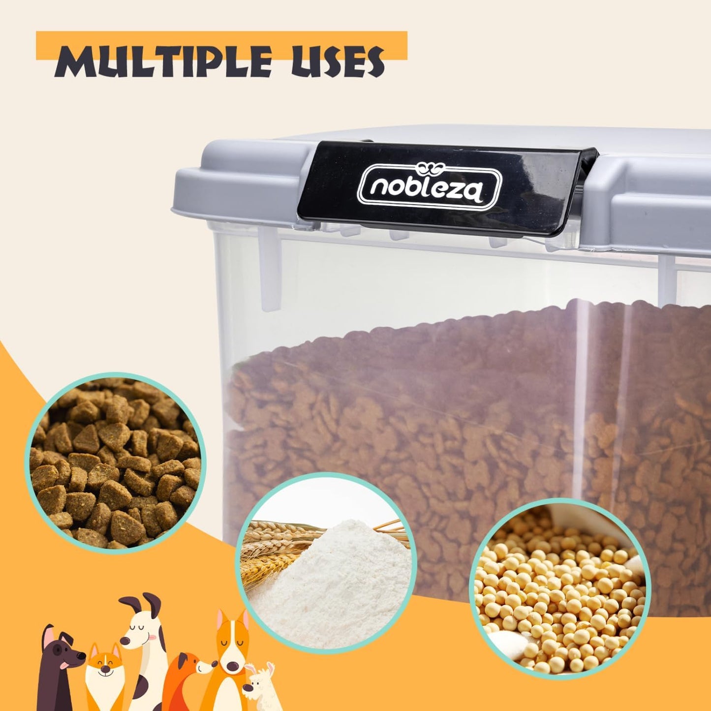 Nobleza - 40L Contenedor de Comida para Mascotas, Mascotas Caja de Alimentos con Ruedas Contenedor, Tapa abatible, hermética, Transparente, Ruedas y Pala, para Comida para Perros y Gatos, Gris