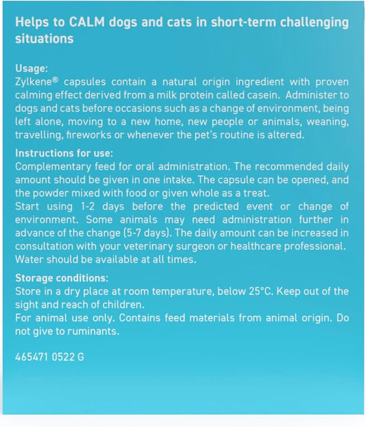 Zylkene Suplementos calmantes para gatos y perros de hasta 10 kg 75 mg | Ayuda a aliviar la ansiedad de las mascotas en situaciones difíciles | Se administra fácilmente | 20 cápsulas
