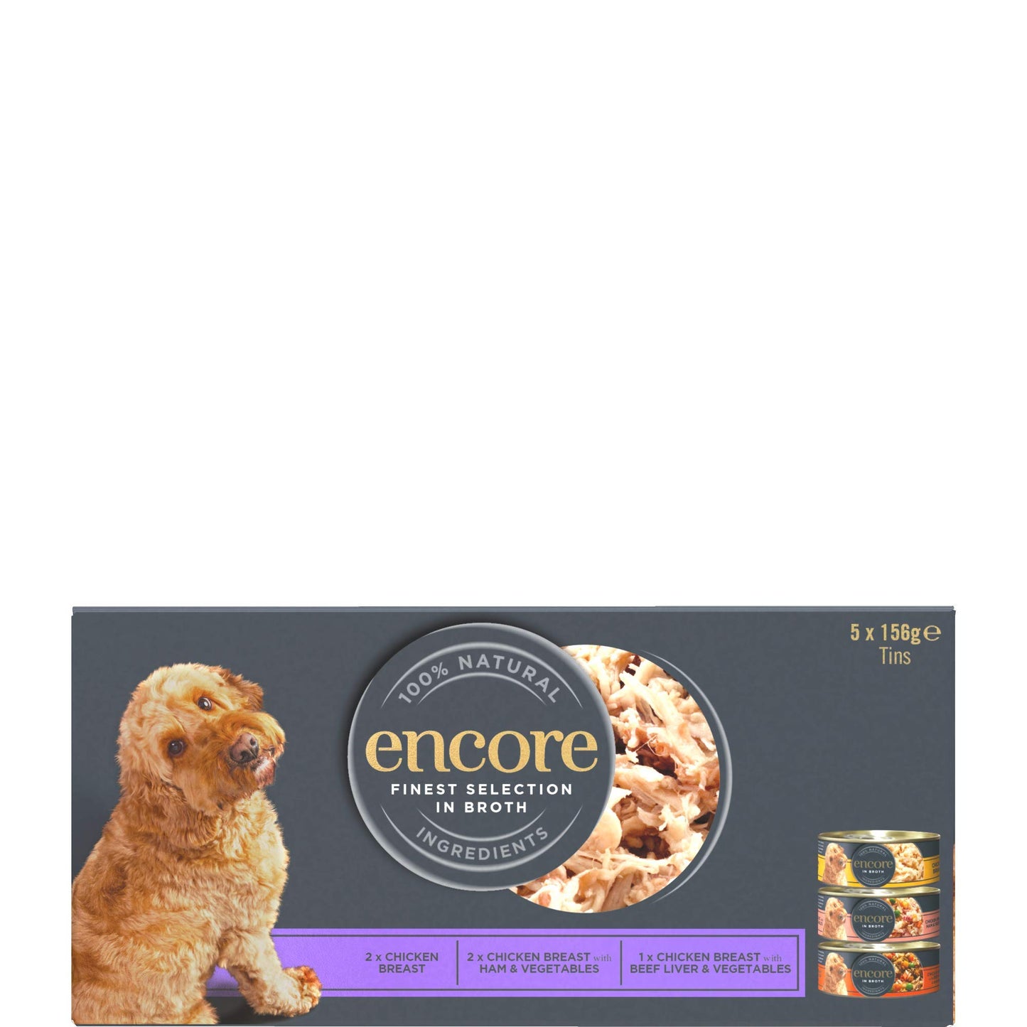 Encore Comida Húmeda Natural Perros, Pechuga de Pollo con Jamón y Verduras en Caldo - Paquete de 12 latas de 156 g