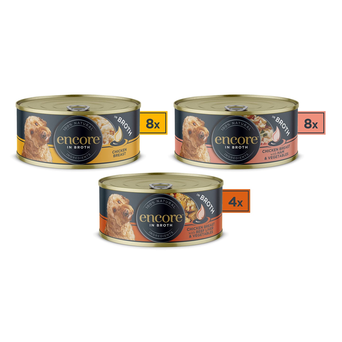 Encore Comida Húmeda Natural Perros, Pechuga de Pollo con Jamón y Verduras en Caldo - Paquete de 12 latas de 156 g