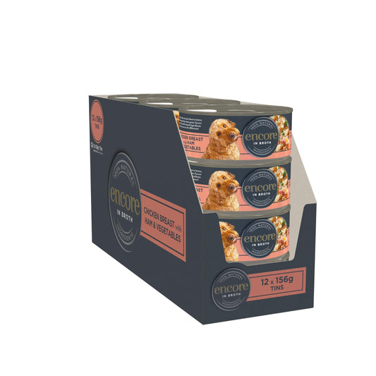 Encore Comida Húmeda Natural Perros, Pechuga de Pollo con Jamón y Verduras en Caldo - Paquete de 12 latas de 156 g