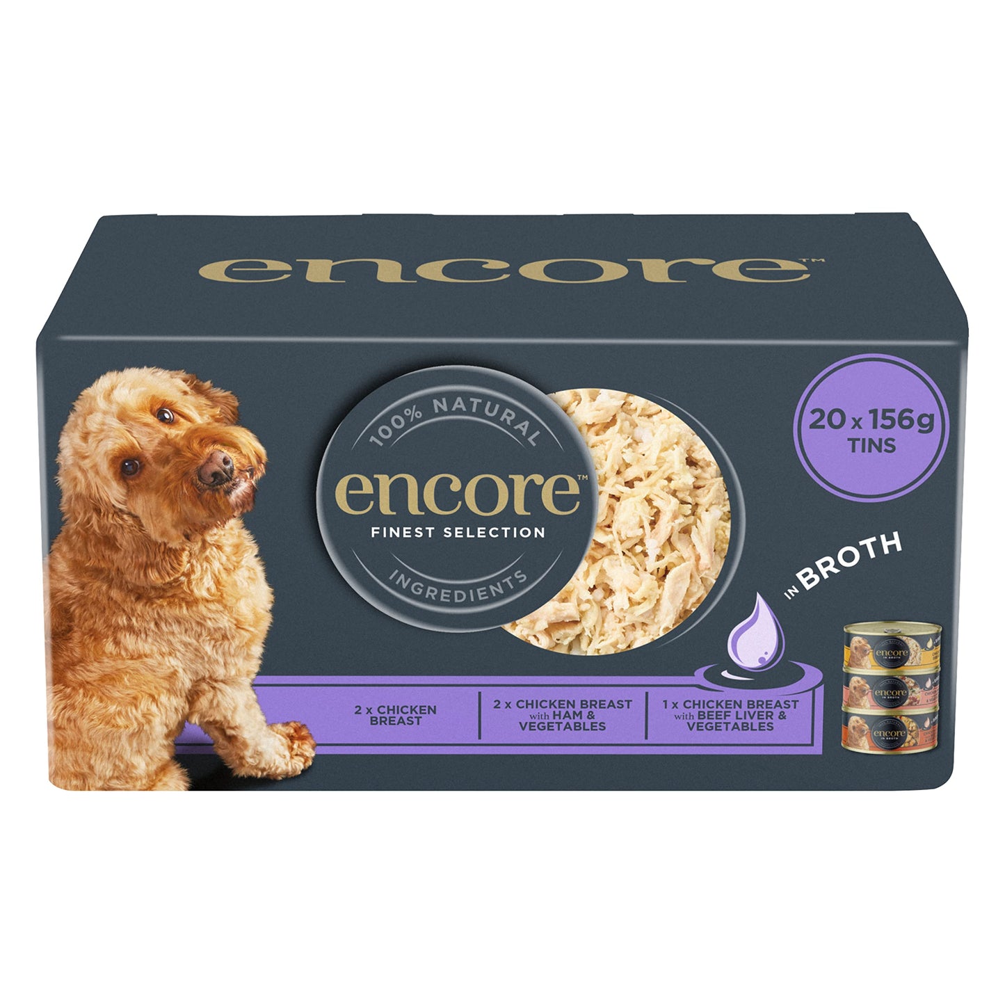 Encore Comida Húmeda Natural Perros, Pechuga de Pollo con Jamón y Verduras en Caldo - Paquete de 12 latas de 156 g