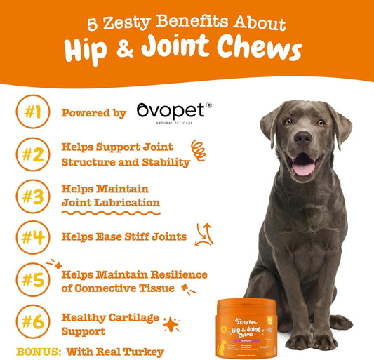Zesty Paws Suplemento para Movilidad de Cadera y articulaciones de Perros | Masticables con Glucosamina, Condroitina, Ovopet, Vitaminas C y E | Apoya el Alivio de Las articulaciones | 90 Piezas