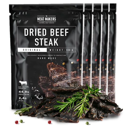 The Meat Makers Original Dried Beef Jerky Steak (500g) - Bistec de cecina de vaca seca, Cecina de Vaca, Carne Seca, Snack de Carne, Alto en Proteínas, Bajo en Calorías. Carne seca para personas.
