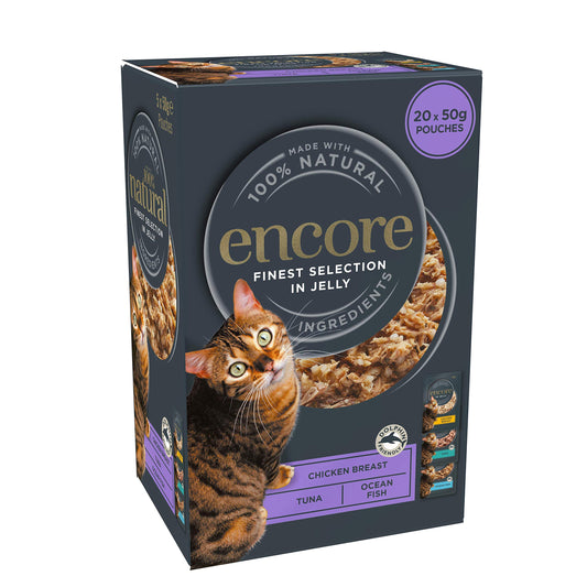 Encore Comida húmeda natural para gatos, paquete múltiple de atún con selección de pescado en bolsa de gelatina de 50 g (paquete de 20 bolsas) (el embalaje puede variar)
