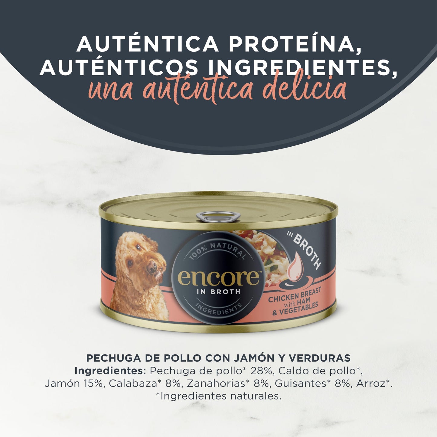 Encore Comida Húmeda Natural Perros, Pechuga de Pollo con Jamón y Verduras en Caldo - Paquete de 12 latas de 156 g