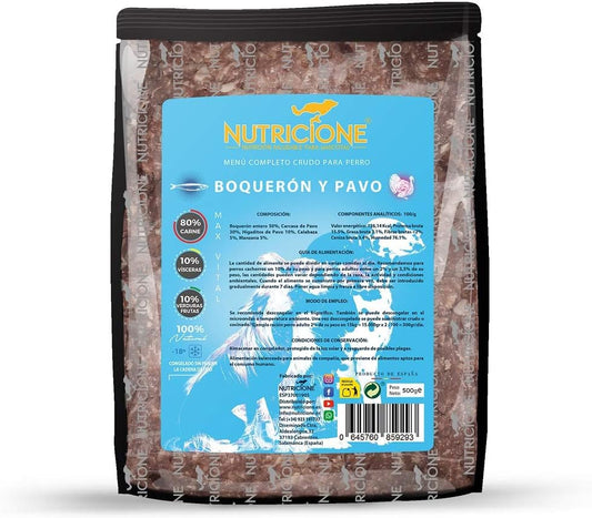 Nutricione Barf | Menú de Boquerón y Pavo para Perros - 6kg Congelada (12 Paquetes de 500g)