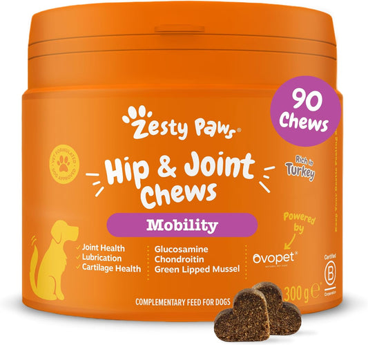 Zesty Paws Suplemento para Movilidad de Cadera y articulaciones de Perros | Masticables con Glucosamina, Condroitina, Ovopet, Vitaminas C y E | Apoya el Alivio de Las articulaciones | 90 Piezas