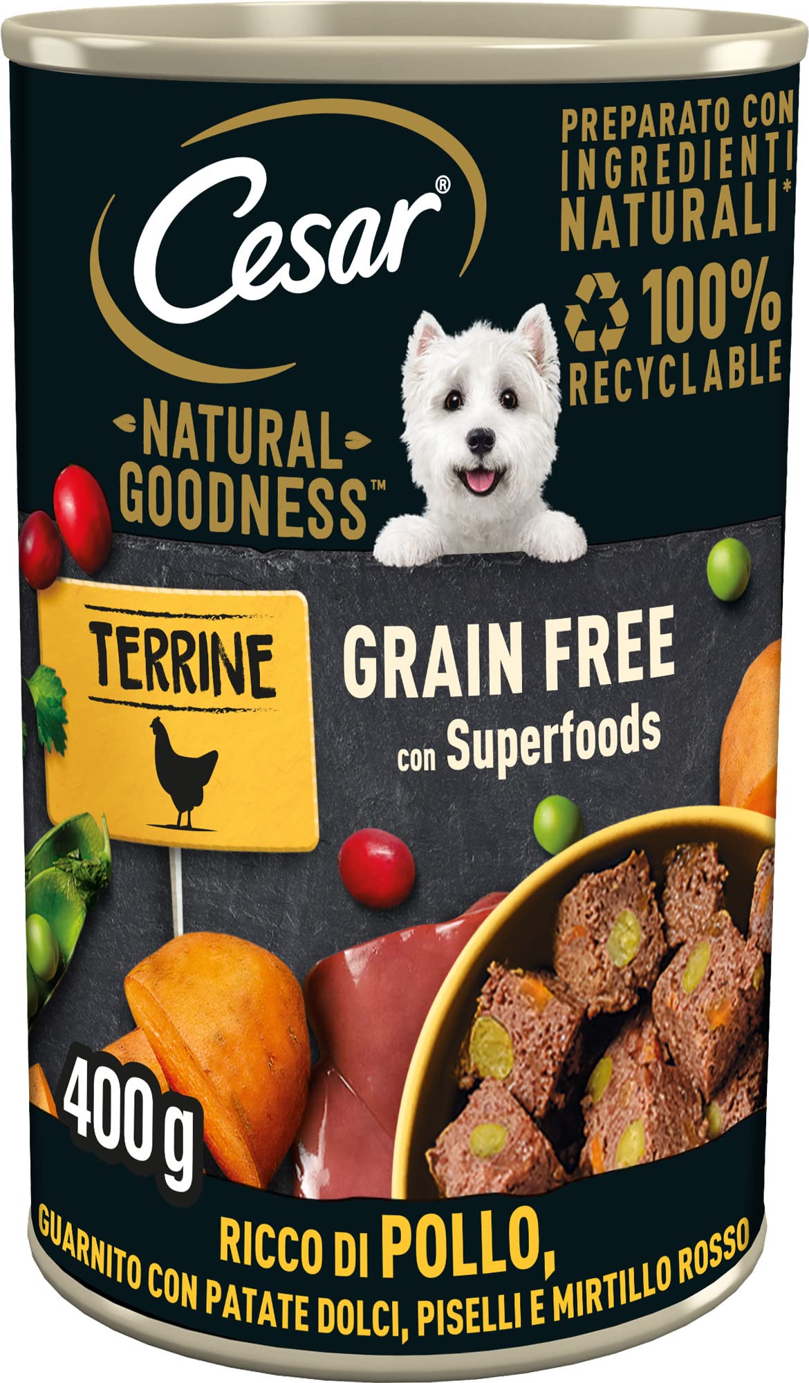 Cesar Natural Goodness - Comida húmeda para Perros con Sabor a Pollo y Verduras, 6 latas de 400 g, Total 2,4 kg