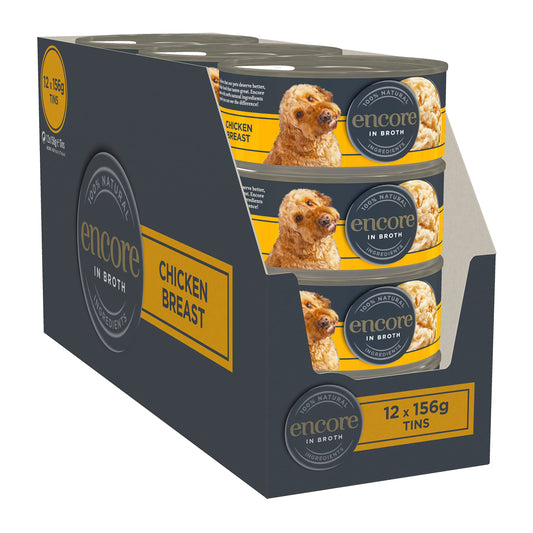 Encore Comida Húmeda Natural Perros, Pechuga de Pollo con Jamón y Verduras en Caldo - Paquete de 12 latas de 156 g