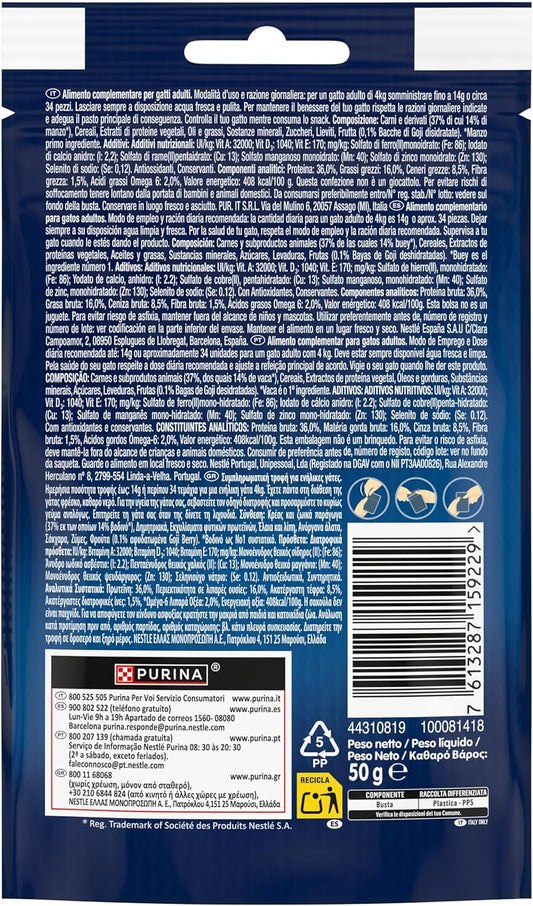 FELIX Naturally Delicious Snack para Gatos Adultos con Ternera y Baya de Goji, 8 Paquetes de 50 g